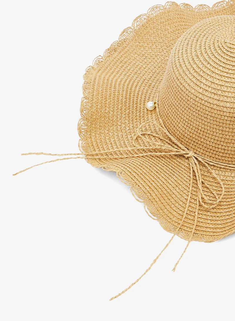 Ginger Raffia Material Pearl Embellished Sun Hat